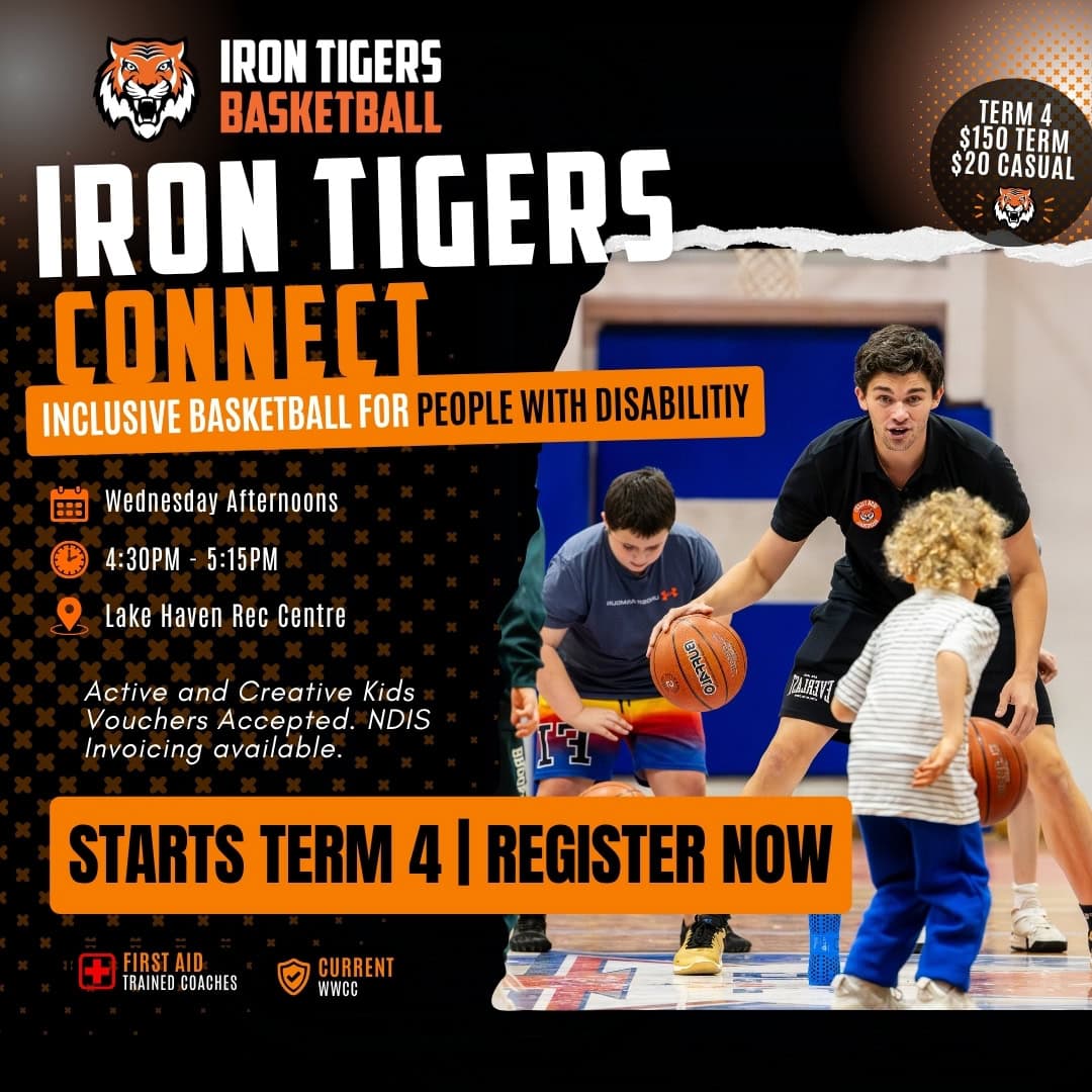 Iron Tigers Connect inclusive basketball program at Lake Haven Recreation Centre on the Central Coast, supporting children and young people with disability, autism, Down syndrome and intellectual disability.