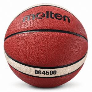 Red and cream size 7 basketball with black seams on a white background.
