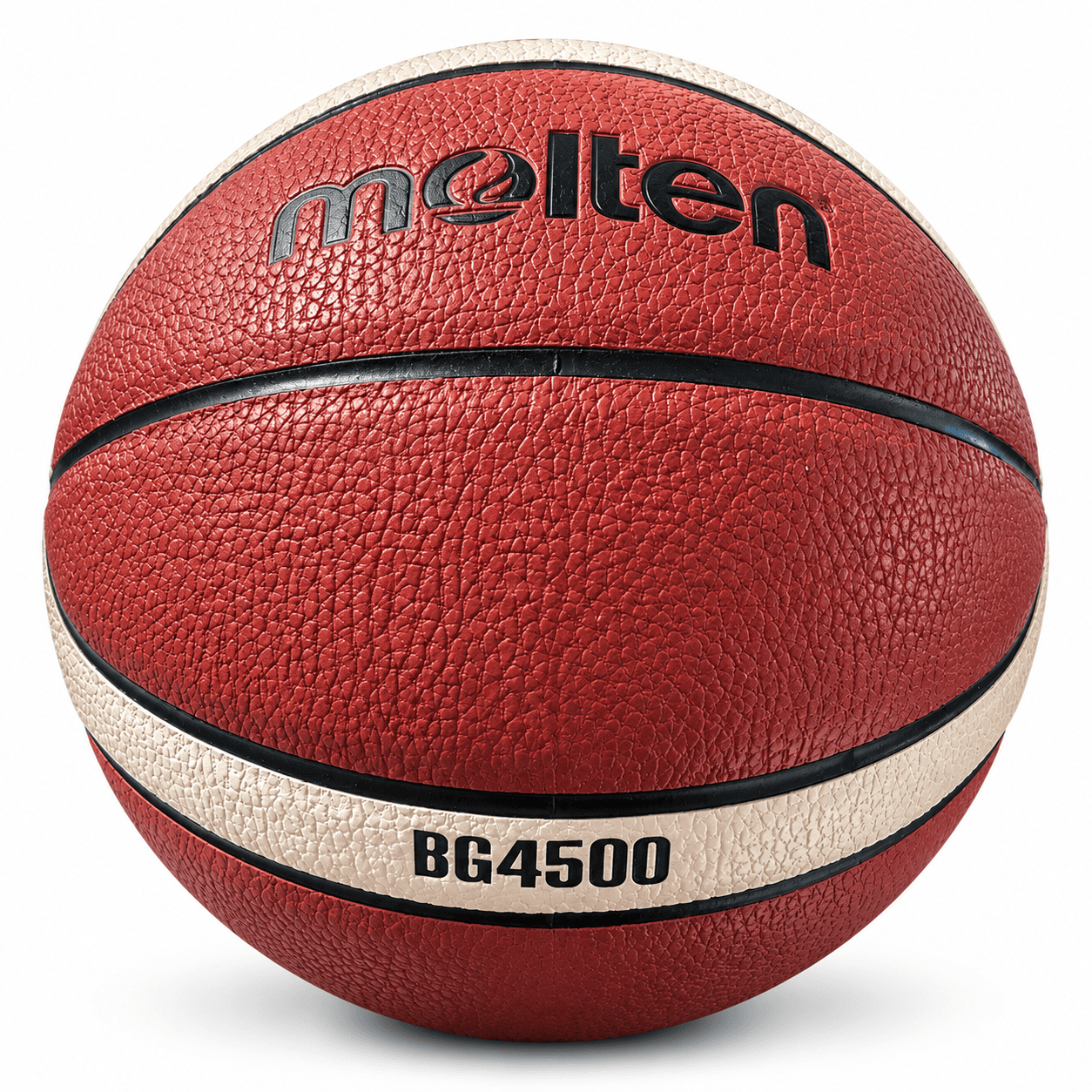 Red and cream size 7 basketball with black seams on a white background.